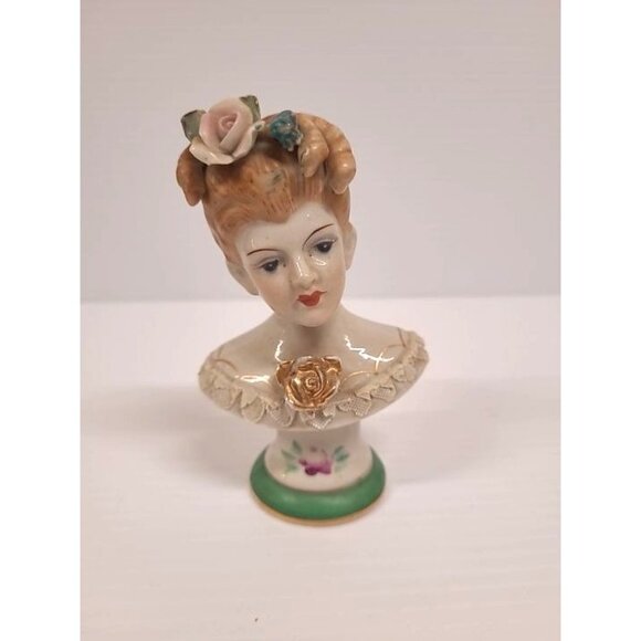 Womens Bust Occupied Japan Porcelain Vintage 1940s Gold Rose Lace No Chips Crack - Picture 3 of 9